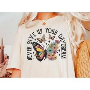 Women's Short Sleeve V-neck T-Shirt with Butterfly Floral Print, 3xl, light blue